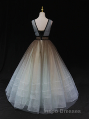 Glitter A-Line V Neck Tulle Long Evening Prom Dress Tulle Long Formal Party Dress