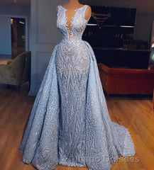 Elegant Blue Lace Sleeveless Deep V Neck Evening Prom Dress Party Dress