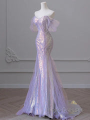 Purple Sweetheart Sequin Beaded Mermaid Long Evening Prom Dress,Purple Tulle Train Evening Prom Gown