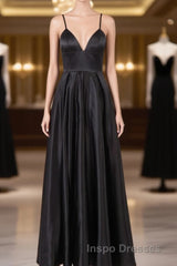 Elegant A Line Satin Spaghetti Straps Long Evening Prom Dress