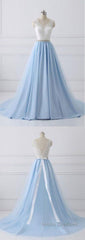Elegant Long Blue Evening Prom Dress with White Lace Top | Senior School Formal Dress