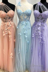 Sweetheart One Shoulder Pink Evening Prom Dress with Flowers
