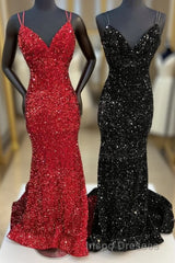 Mermaid Sequine Long Evening Prom Dress with Double Straps