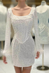 White Sequins Tight Homecoming Dress with Long Sleeves