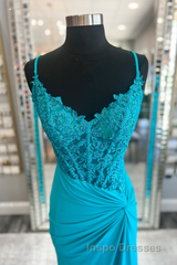 Jade Appliques Straps Twist Knot Mermaid Satin Long Evening Prom Dress