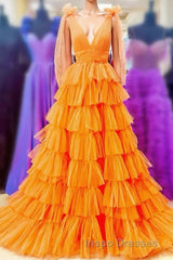 Bow Straps Orange V-Neck Ruffled Tulle Long Evening Prom Dress with Slit