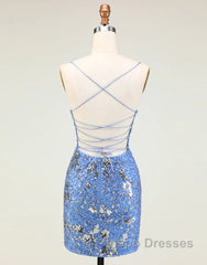 Glitter Blue Spaghetti Straps Beaded Sequins Short Tight Homecoming Dress