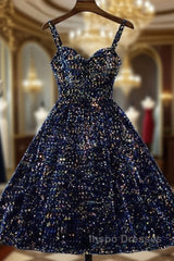 Glitter Navy Blue Sequin Short Evening Prom Dress