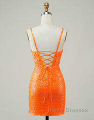 Glitter Orange Spaghetti Straps Orange Tight Sequined Homecoming Dress