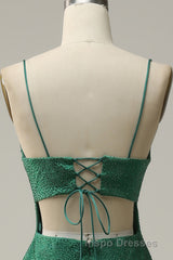 Mermaid Spaghettti Straps Dark Green Sequins Long Evening Prom Dress with Split Front