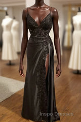 Black V-Neckline Straps Tulle With Lace Party Dress, A-Line Black Evening Prom Dress Evening Prom Dress