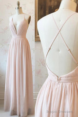 Simple V-neck Zipper Back Floor Length Pink Chiffon Long Elegant Bridesmaid Dresses