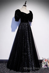 Modest Sparkly Black Long A-line Evening Prom Dress With Sleeves Evening Prom Gowns