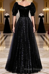 Modest Sparkly Black Long A-line Evening Prom Dress With Sleeves Evening Prom Gowns