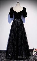 Modest Sparkly Black Long A-line Evening Prom Dress With Sleeves Evening Prom Gowns