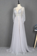 Amazing Long Gray Beading Evening Prom Dress Modest Evening Prom Gowns