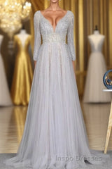 Amazing Long Gray Beading Evening Prom Dress Modest Evening Prom Gowns