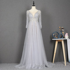 Amazing Long Gray Beading Evening Prom Dress Modest Evening Prom Gowns