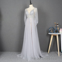 Amazing Long Gray Beading Evening Prom Dress Modest Evening Prom Gowns
