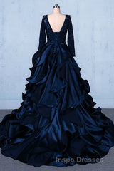 Formal V-neck Beading Lace Satin Backless Ball Gown Evening Prom Dress With Sleeves
