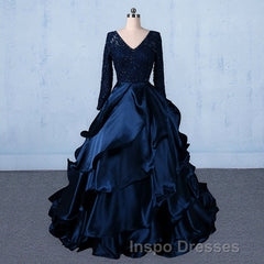 Formal V-neck Beading Lace Satin Backless Ball Gown Evening Prom Dress With Sleeves