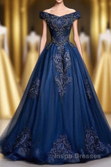 Off The Shoulder Lace Up Floor Length Princess Evening Prom Dress With Lace Appliques