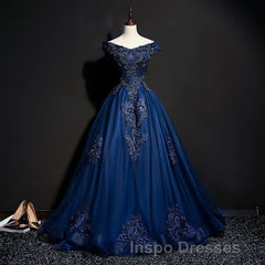Off The Shoulder Lace Up Floor Length Princess Evening Prom Dress With Lace Appliques