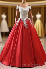 Modest Red Cap Sleeves Ball Gowns Lace Satin Evening Prom Dress Evening Prom Dress