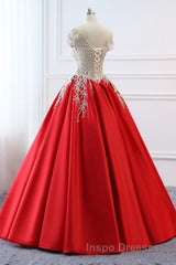 Modest Red Cap Sleeves Ball Gowns Lace Satin Evening Prom Dress Evening Prom Dress