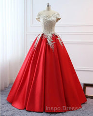 Modest Red Cap Sleeves Ball Gowns Lace Satin Evening Prom Dress Evening Prom Dress