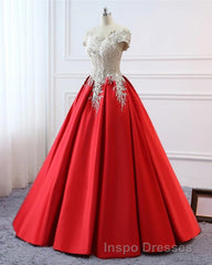 Modest Red Cap Sleeves Ball Gowns Lace Satin Evening Prom Dress Evening Prom Dress