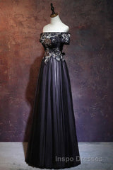 Beauty Off The Shoulder Floor Length Lace Up Long Black Evening Prom Dress With Appliques