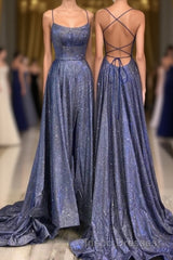 Beautiful Spaghetti Straps Backless Long Blue Party Evening Prom Dress