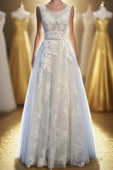 Ivory And Light Blue Long A-line Lace Up Cute Evening Prom Dress Party Dress