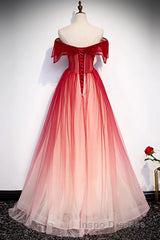 Burgundy Off The Shoulder Tulle Long Lace Up Formal Evening Prom Dress Party Dress