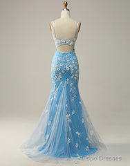 Mermaid Spaghetti Straps Key Hole Back Prom Dress With Split