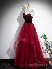 Wine Red Straps Beaded Sweetheart Tulle Formal Dress, Wine Red A-Line Evening Prom Dress
