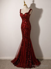 Wine Red Straps Sweetheart Mermaid Long Party Dress, Wine Red Sequins Prom Dress