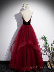 Wine Red Straps Beaded Sweetheart Tulle Formal Dress, Wine Red A-Line Evening Prom Dress