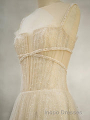 Champagne Tulle Long Evening Prom Dress, Champagne Tulle Formal Dress