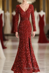 Wine Red Long Sleeves Mermaid Long Formal Dress, Wine Red Evening Prom Dress