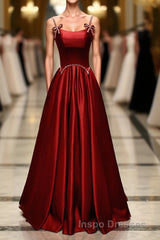 Wine Red Satin Straps Round Neckline Party Dress, Wine Red Long Evening Prom Dress