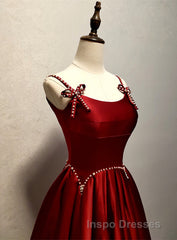Wine Red Satin Straps Round Neckline Party Dress, Wine Red Long Evening Prom Dress