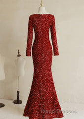 Wine Red Long Sleeves Mermaid Long Formal Dress, Wine Red Evening Prom Dress
