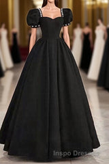 Black Sweetheart Short Sleeves Beaded Party Dress, A-Line Black Satin Evening Prom Dress