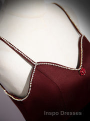Wine Red Straps Beaded Sweetheart Tulle Formal Dress, Wine Red A-Line Evening Prom Dress