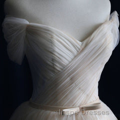 Elegant V Neck Off-shoulder Tulle Pleat Sweep Train Wedding Dress