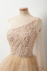 Unique Multi Color Layered One Shoulder Long Sleeves Evening Prom Dress Formal Gown