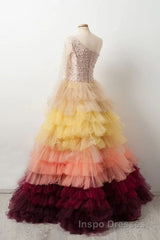 Unique Multi Color Layered One Shoulder Long Sleeves Evening Prom Dress Formal Gown