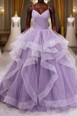 Princess Lavender Sparkly Spaghetti Straps Long Evening Prom Dress Floor Length Evening Prom Gown